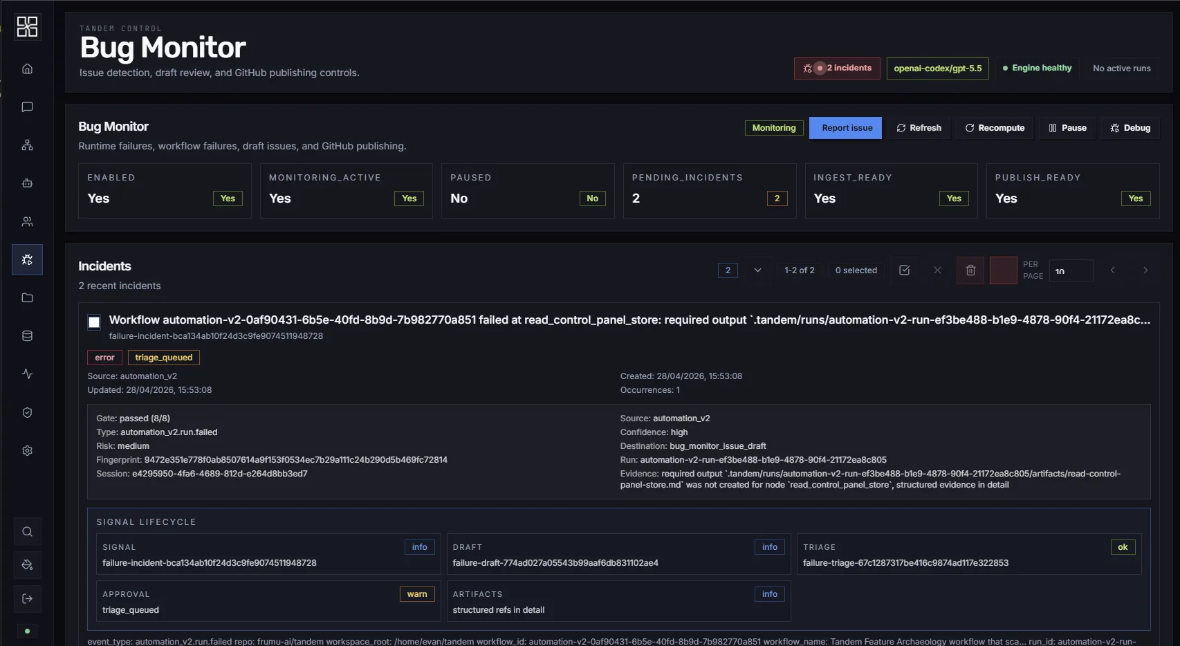 signal quality gate checklist in Bug Monitor incident card