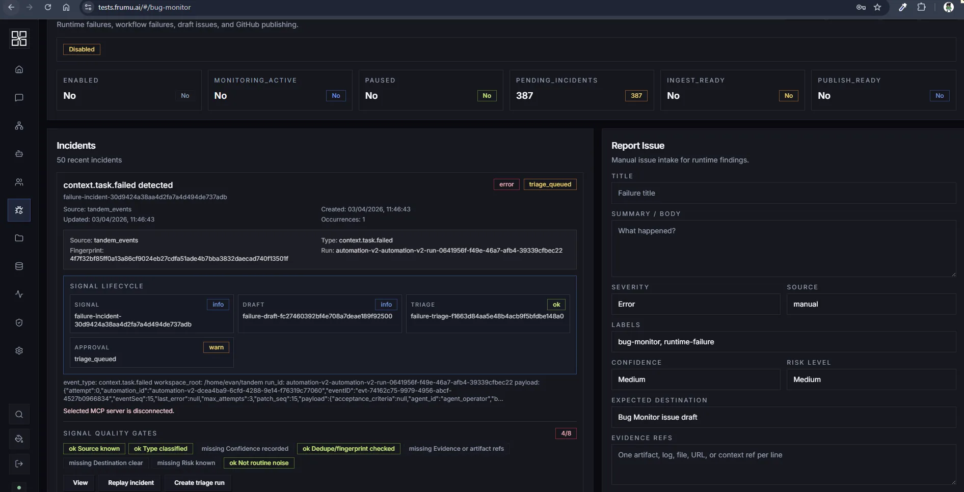 Bug Monitor dashboard showing recent autonomous workflow failures